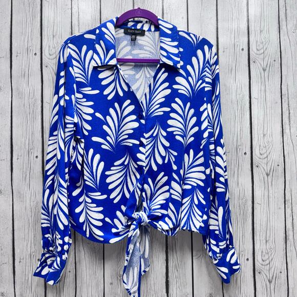 NWOT Ellen Tracy Linen Front Tie Button Down Blouse Size Medium - Picture 1 of 5